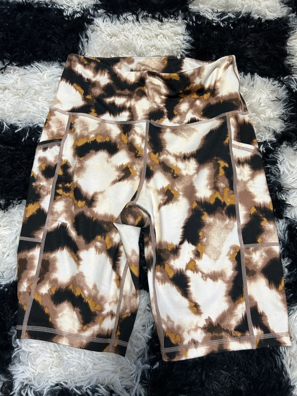 Ideology Tie-Dye High-Waist Bike Shorts - Brown/Black/Gold